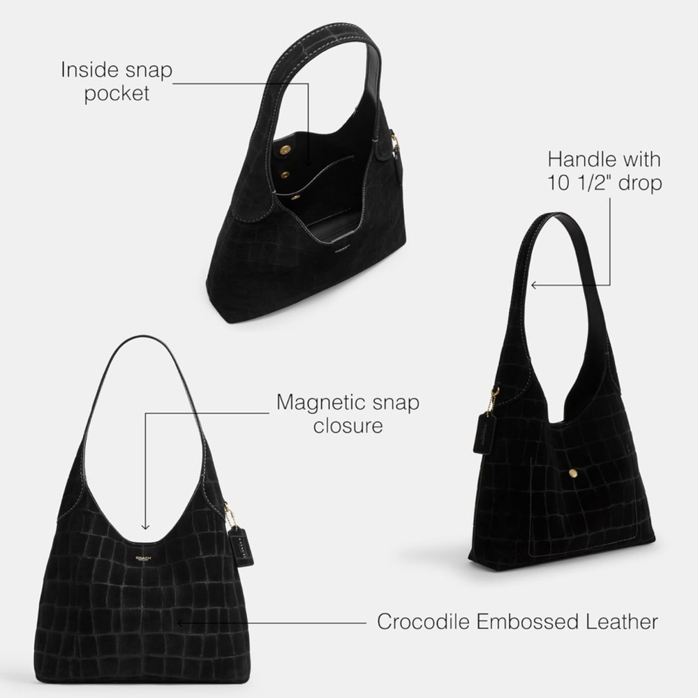 New Coach Black Croc-Embossed Suede Brooklyn Shoulder Bag 28 - Picture 3 of 8